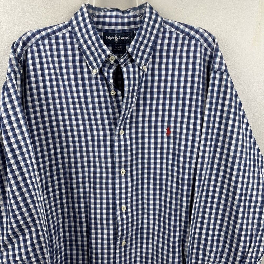 Ralph Lauren Men’s Large Dress shirt Navy Check Pony Cotton Button Blaire Classy
